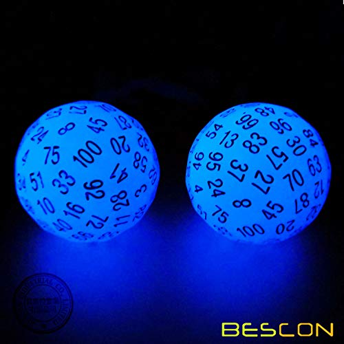 Bescon Glowing Polyhedral 100 Sided Dice - Acid Blue, Luminous D100, Glow in Dark Gaming Cube - color: Blue Glowing in Dark