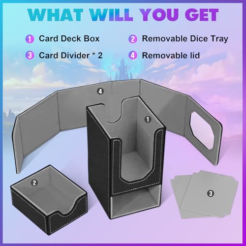 Card Deck Box for MTG Commander, Fits 100+ Double-Sleeved Cards Card Case | with Detachable Dice Tray, 2 Dividers, Removable lid, Trading Card Storage Box, Sturdy and Durable, Fits TCG/PTCG/Sports Card - color: Black and Light Gray