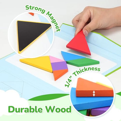 BenBen Travel Tangram Puzzle with Magnetic Wooden Shapes for Kids 4-8 8-12 | Extra Large Dual-Sided Magnet Surface, Color Pattern IQ Book, Road Trip Car Plane Game, Educational STEM Toys for Kids Adults - style: 7 Pieces Blocks