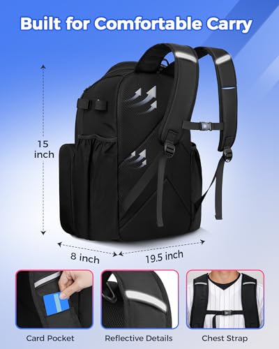 MATEIN PRO Youth Baseball Backpack for 4 Bats, Collapsible Shoe Compartment | Water Resistant, Large, Boys Baseball Bat Bag, Insulated Beverage Pocket, Clear Display Window, Storage Holds Glove, Helmet - color: Black