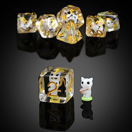 White Cat Gaming Dice Set D&D, DNDND 7PCS Resin DND Dice with Velvet Bag for Dungeons and Dragons Role Playing Games and Tabletop Games（White Cat - color: Cat-white