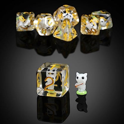 White Cat Gaming Dice Set D&D, DNDND 7PCS Resin DND Dice with Velvet Bag for Dungeons and Dragons Role Playing Games and Tabletop Games（White Cat - color: Cat-white