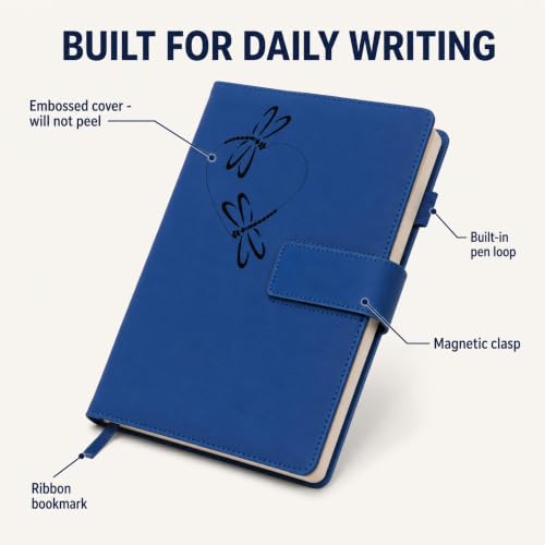 The Amazing Office Dragonfly Heart Refillable Journal, Blue Faux Leather, 200 Lined Pages, 5.75x8.5 Inch Notebook with Magnetic Clasp and Pen Holder, Writing Diary for Women and Men - color: Dragonfly-Heart Blue