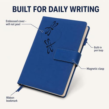 The Amazing Office Dragonfly Heart Refillable Journal, Blue Faux Leather, 200 Lined Pages, 5.75x8.5 Inch Notebook with Magnetic Clasp and Pen Holder, Writing Diary for Women and Men - color: Dragonfly-Heart Blue