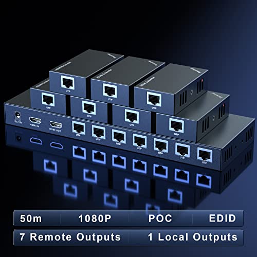 HDMI Extender Splitter 1x7 1080P@60Hz Over Cat 5E/6/7 Ethernet Cable 165ft | Support EDID Copy POC Function (1 in 7 out), for Church, Classroom, Business Activity, Multi Video Displays - size: 1x7 1080P 165ft