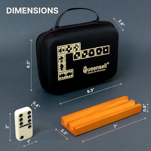 Queensell Dominos Set for Adults with 4 Domino Racks - Double 6 Dominoes Set with Domino Holder, Classic Board Games for Kids and Adults - Double Six Standard Dominos Set 28 Tiles with Travel Case - style: D6 + 4 Holders