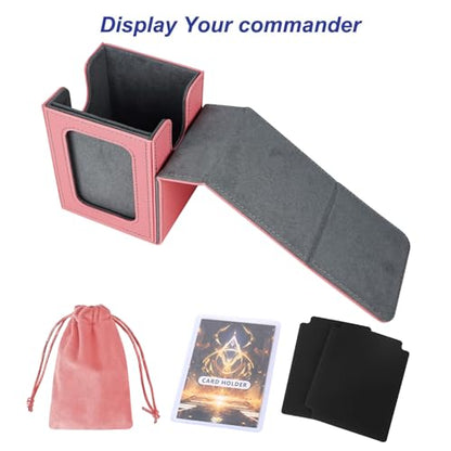 AFIING MTG Deck Box for Commander Display,Card Deck Box Fits 100 Double Sleeved Cards, Magic Commander TCG Card Storage Box with 2 Dividers,Drawstring Bag and 1 Toploader(Pink/grey) - color: Commander Pink Grey