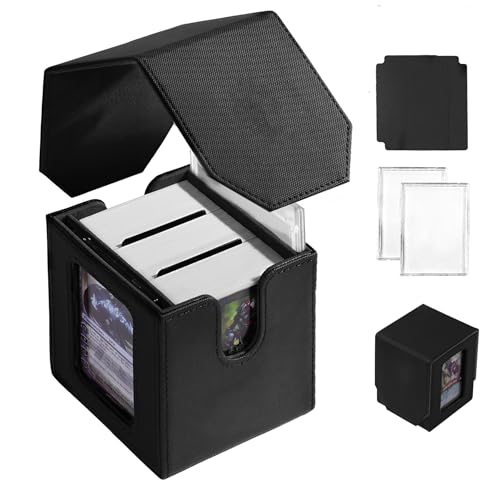 Commander Dual Display Deck Box — Patented Design Holds 130 Double-Sleeved/100 Triple-Sleeved Cards, Includes 2 Thick Card Bricks & 2 Dividers, Leather Multi-Function Storage Case (black - color: Black