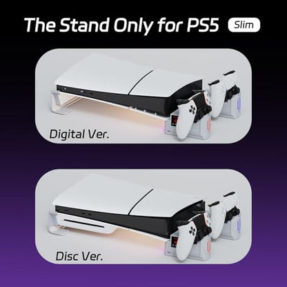 Slim Horizontal Stand Compatible with Slim Disc & Digital Version Dual Use Charging Station with Multi-Mode RGB Light with 3-Level Cooling Fan,White