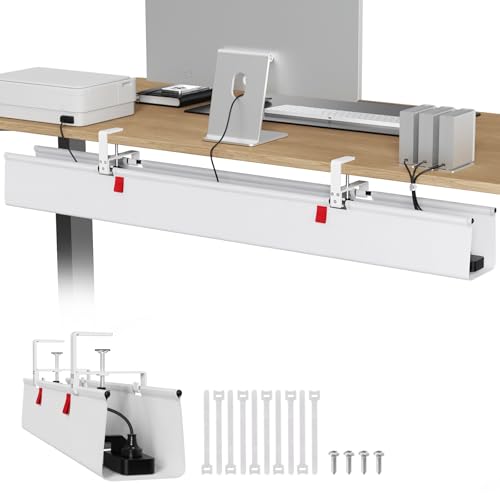 Univivi No Drill Under Desk Cable Management Tray, 48 inch Cable Management | Clamp/Screw Mount Desk Cable Organizer, Premium Fabric Cable Management Tray, Large Capacity Cord Management for Office, Home - color: White, size: 48"L x 5.5"W