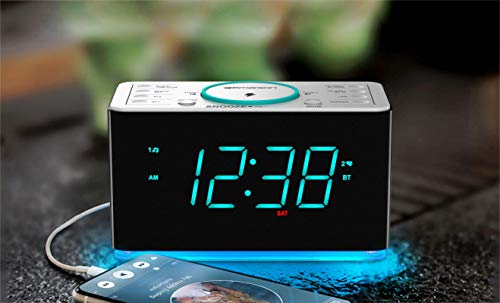 Emerson ER100401 Smartset 15Watt Ultra Fast Wireless Charging Dual Alarm Clock Radio with Bluetooth Speaker, USB Charger, Cyan LED Night Light and 1.4" Display - style: ER100401