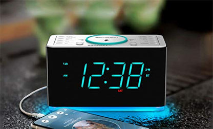 Emerson ER100401 Smartset 15Watt Ultra Fast Wireless Charging Dual Alarm Clock Radio with Bluetooth Speaker, USB Charger, Cyan LED Night Light and 1.4" Display - style: ER100401