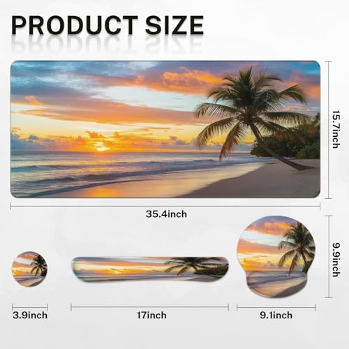 Arttown Sunset Ocean Desk Mat Tropical Beach Mouse Pad Set 4 in 1 Summer Sea Ergonomic Design Large Desk Pad + Keyboard Wrist Rest + Mouse Wrist Rest + Coaster Suitable for Home Office Study Game - color: Sunset Beach 1