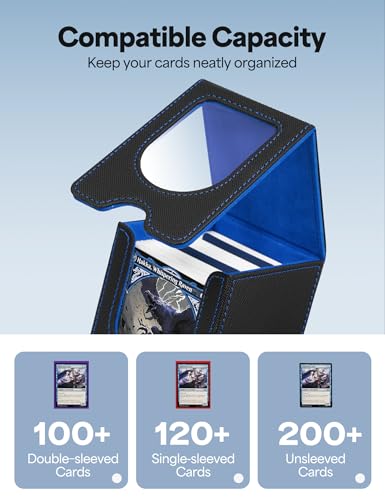 Card Deck Box for MTG Commander, Card Case Holds 100+ Double-Sleeved Cards, Magic Card Box Fits for TCG/PTCG/CCG Card with 2 Dividers (Black&Blue) - color: Black&Blue