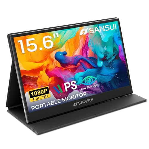 SANSUI Portable Monitor 15.6 Inch FHD 1080P Travel Monitor for Laptop, USB C HDMI Ultra-Thin IPS Computer Display with Speakers & PU Leather Stand Cover, for PC Mac mini Phone Switch Gaming - size: 15.6