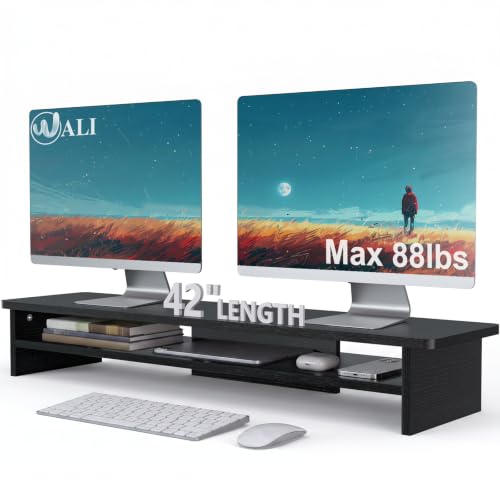 WALI 42 inch Large Wood Dual Monitor Stand Riser with Storage, up to 88lbs | Multi-Purpose Computer Stands, 2 Tier Desktop Organizer Desk Shelf for Home Office PC, Laptop, Printer, TV (WTT001), Black - color: Black, size: 42"L * 10"W