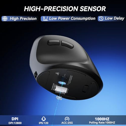 SOLAKAKA SM520 Ergonomic Wireless Mouse with 24,000 DPI, Black | BT5.0/2.4GHz/USB-C, Comfortable Vertical Design, Rechargeable Battery, Programmable Side Button, for Desktop, PC, Laptop - color: black