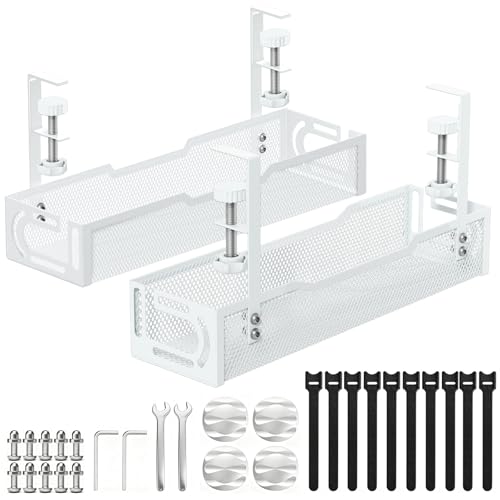 2Pack Under Desk Cable Management Tray, No Drill Mesh Desk Cable Tray | Wire Management Tray Cable Management Rack, Cord Organizer and Cable Management Box (White) - color: 2Pack-White (15.3''+15.7'')