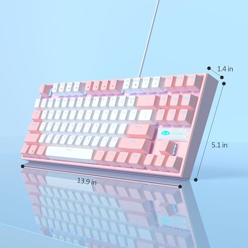 MageGee 75% Mechanical Gaming Keyboard, Red Switch, LED Blue Backlit, 87 Keys Compact TKL Wired Computer Keyboards for Windows Laptop PC Gamer - White/Pink - color: White Pink/Red Switch