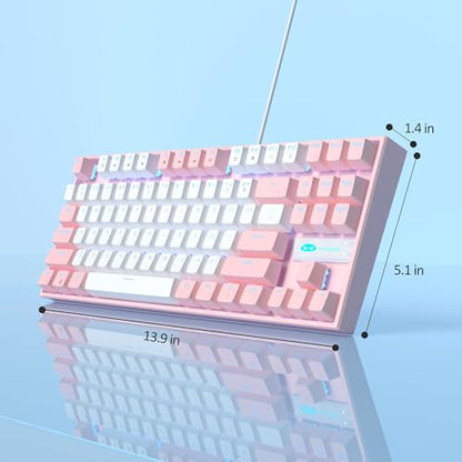 MageGee 75% Mechanical Gaming Keyboard, Red Switch, LED Blue Backlit, 87 Keys Compact TKL Wired Computer Keyboards for Windows Laptop PC Gamer - White/Pink - color: White Pink/Red Switch