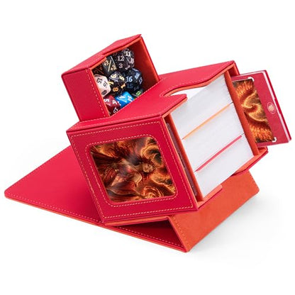 MTG Commander Deck Box with Dual Display Windows and Dice Tray | Fits 100 Double-Sleeved Cards, PU Leather, 2 Magnetic Card Holders, 2 Dividers, Red & Orange - color: 3. Red & Orange