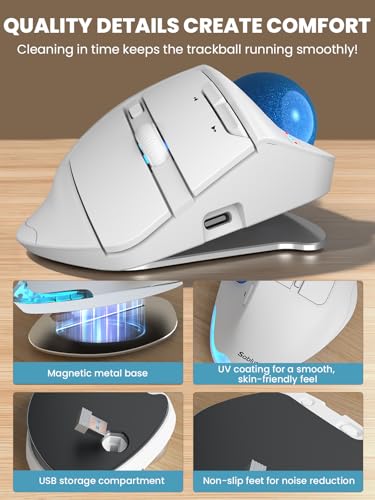 Wireless Trackball Mouse, Adjustable Angle Rechargeable Backlit-White Mouse | MAM1 Pro Ergonomic Mouse Rollerball Thumb mice with 5 Level DPI, 3 Devices Connection (USB & Bluetooth ) for PC, Windows - color: White Mouse