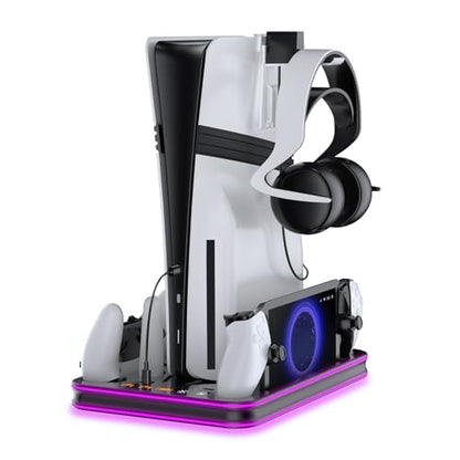PS5 Pro/PS5/Slim/Stand and Cooling Station with LED,Charging Station for PlayStation Portal & PS5 Controller, Headset and Remote Holders (Black) - color: Black