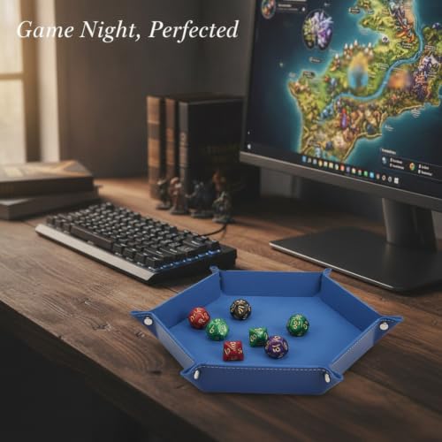Multipurpose Hexagonal Folding Dice Tray, PU Leather Game Accessory with Velvet Interior for Tabletop Games and Board Games