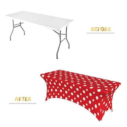 Famame Red White Polka Dots Rectangular Fitted Tablecloth- 6Ft Stretch Spandex Table Covers Patio Design Tablecloths for Wedding Banquet Party (72Lx30Wx30H) - color: Red Polka Dots, size: 3" x 1" (Rectangular)