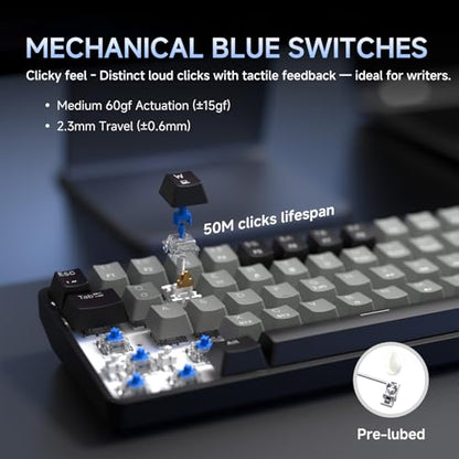 DIERYA DK68 60% Wireless Mechanical Gaming Keyboard, 3-Mode, Bluetooth 5.0/2.4G/USB-C, RGB Backlit, 68-Key Compact Mini for Windows, Mac, Linux - Clicky Blue Switch - Black/Grey - color: Black Grey/Blue Switch