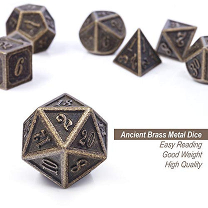 DnDnD Ancient Design Dice, 7PCS Brass DND Metal Dice with Metal Box for Table Games Dungeons and Dragons D&D - color: Ancient Brass