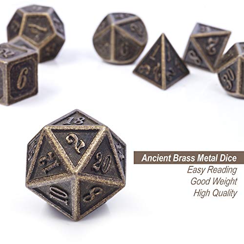 DnDnD Ancient Design Dice, 7PCS Brass DND Metal Dice with Metal Box for Table Games Dungeons and Dragons D&D - color: Ancient Brass