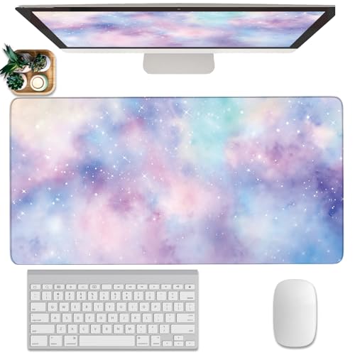Cute Cloud Mouse Pad Starry Sky Extended Large Gaming Mouse Pad Stitched Edges Galaxy XXL Colorful Pastel Desk Mat Non-Slip Base Space Big Mousepad for Computer Home Office Girls 31.5X15.7Inch - color: Starry Sky