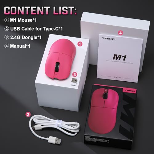 YUNZII M1 PAW3311 Sensor Wireless Gaming Mouse (Pink) | 7-Level DPI Adjustment Up to 10000 DPI, Stable 1000Hz polling rate, 60g Lightweight Design, Easy Software for Win & Mac - color: Pink