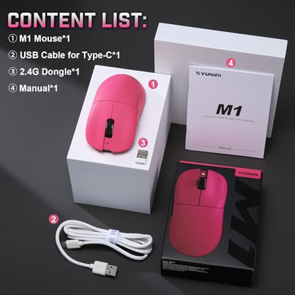 YUNZII M1 PAW3311 Sensor Wireless Gaming Mouse (Pink) | 7-Level DPI Adjustment Up to 10000 DPI, Stable 1000Hz polling rate, 60g Lightweight Design, Easy Software for Win & Mac - color: Pink