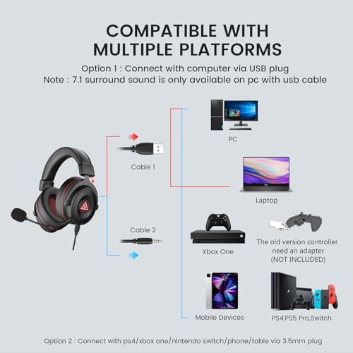 EKSA E900 Pro USB Gaming Headset for PC - Computer Headset with Detachable Noise Cancelling Mic, 7.1 Surround Sound, 50MM Driver - Headphones with Microphone for PS4/PS5, Xbox One, Laptop, Office - color: Wired Black-Red