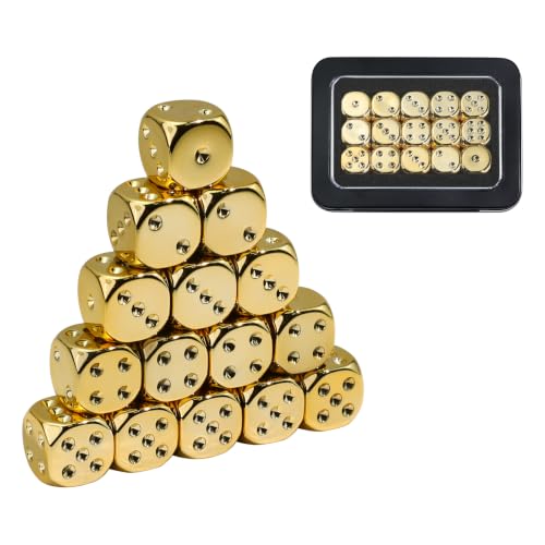 15 Pieces 16mm Electroplated Gold-Color 6 Sided Dice Set with Metal Box, 1-6 Number Dots D6 Dice for RPG D&D MTG Tabletop Board Games, Classroom Teaching or Math Learning