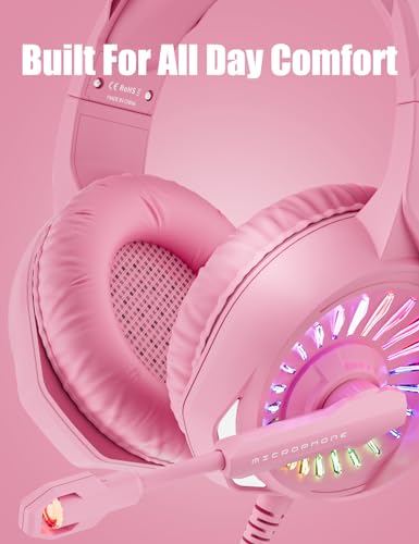 ZIUMIER Wired Pink Gaming Headset for PC, PS5, PS4, Xbox Series X|S | Noise Canceling Microphone, LED RGB Light, 50mm Driver, 3.5mm Audio Jack, Soft Memory Foam, Multi-Platform Headphones - color: Pink