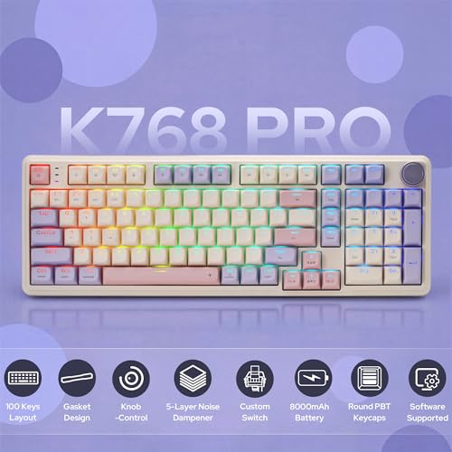 Redragon K768 PRO 100 Keys Wireless Gasket RGB Gaming Keyboard, Massive 8000 mAh PBT Mechanical Keyboard w/Hot-Swap Socket, Dedicated Knob Control & 5-Layer Noise Dampening, Custom Yolk Linear Switch - color: Lilac Land