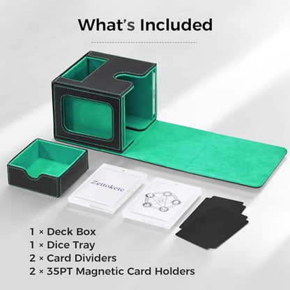 MTG Commander Deck Box with Dual Display Windows and Dice Tray | Fits 100 Double-Sleeved Cards, PU Leather, 2 Magnetic Card Holders, 2 Dividers, Black & Green - color: 2. Black & Green