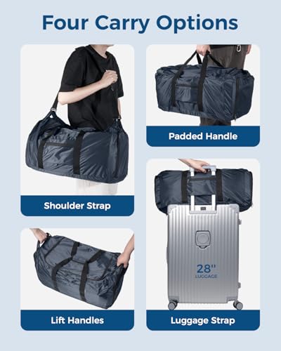 pack all 65L Foldable Travel Duffel Bag, Shoe Compartment Weekender Bag | Ultralight, Packable, Water Resistant, Tear Resistant Nylon, Detachable Strap, Luggage Sleeve, For Travel, Camping, Navy - color: Navy, size: 65L