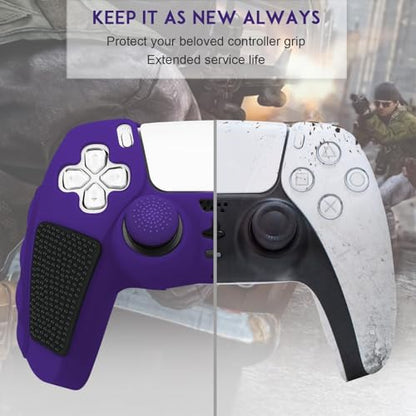 SIKEMAY Anti-Slip PS5 Controller Skin, Soft Thicken Non-Slip Silicone Gel Protective Cover Case for PlayStation 5, 2 Pack with 8 x Thumb Grip Caps - color: Purple-Black