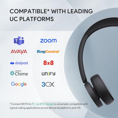 Yealink BH70 Wireless Bluetooth Headset with Microphone for Work, up to 35h Talking Battery Life, 3-Mic, 147g Lightweight Microsoft Teams Certified Headphone for Open Office, USB-C to A - color: Black (Teams), style: Dual (USB-C to A)