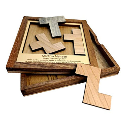 Creative Crafthouse Martin's Menace Large Stewart Coffin Wood Puzzle | Design number 217. Four packing pieces in a 6 inch square that look easy and are not. A tough desk gift, made in USA - style: Martin’s Menace - L