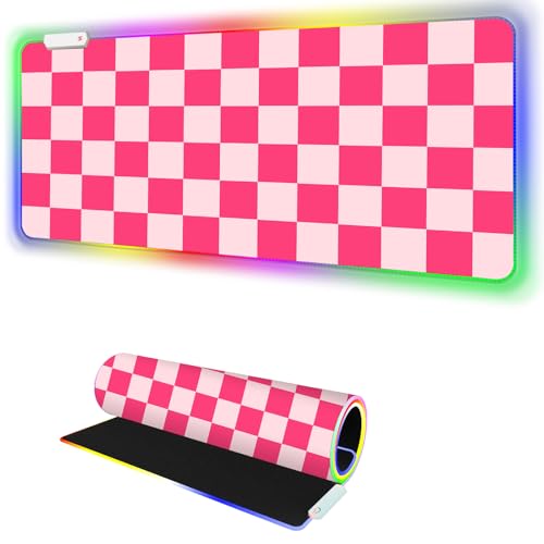 RGB Gaming Mouse Pad I Large Mousepad with 14 Led Modes I Keyboard Pad Gaming Desk Mat I Non-Slip Rubber Base Mouse Mat I 900x400x4mm Waterproof Mousepad for Gaming PC MacBook I Pink Checkered - color: Pink Checkered