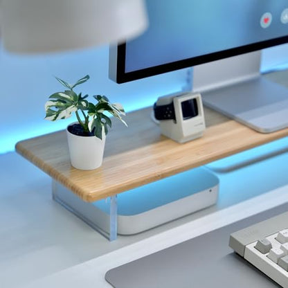 Bamboo Monitor Stand, Desk Shelf with Acrylic Legs and RGB Lights | 31.5-Inch Wide, 3.3-Inch Clearance, Fits Monitor, Laptop, Printer and Speakers for Small Desks - color: Natural x RGB Light