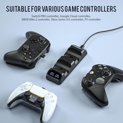 Switch 2 Pro Controller Charger Dock, Dual USB-C Charging Station for Switch Pro Controller, Compatible with PS5, Xbox Series X|S and Elite Series 2, LED Indicators, USB-C Adapters Included