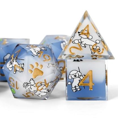 DND Dice Set 7-Pcs, Sharp Edge Cute Dog Style Resin Dice Polyhedral Resin Sharp Edge Dice for Roleplaying Games Dungeons and Dragons RPG MTG Table Games（Poodle） - color: Blue and White, style: Poodle