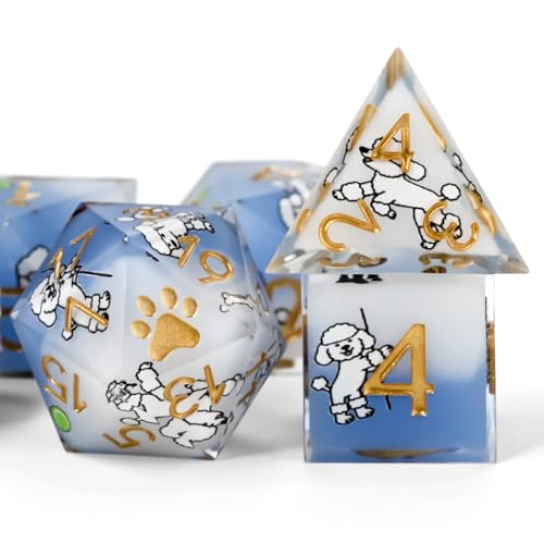 7Pcs DND Dice Set,Cute Dog Style Resin Dice for RPG MTG,Poodle | Polyhedral DND Dice,Smooth Polished Surface,Ideal Gift For Tabletop Role Playing Game Lovers Adults Women Men Teens - color: Blue and White, style: Poodle