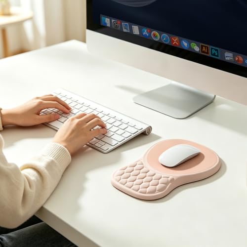 EooCoo Massage Ergonomic Mouse Pad with Dual-Slope Design Wrist Rest | Carpal Tunnel Relief, Memory Foam Wrist Rest, Non-Slip PU Base, Office Desk Accessories - color: Pink
